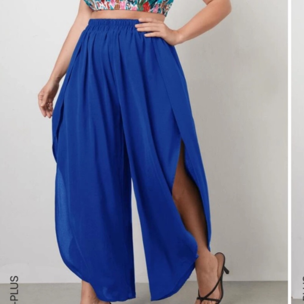 Navy Blue Split Wide Leg Pants